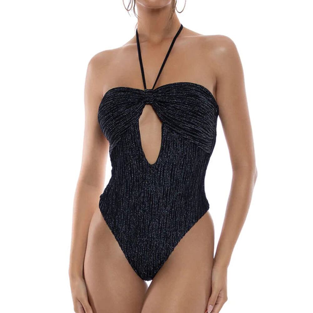 Luli Fama Vibras Halter Keyhole Bandeau One Piece - Black NWT SIZE S XL